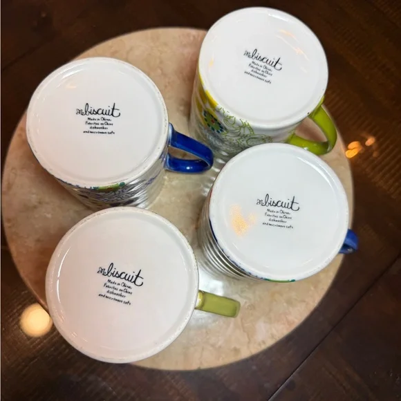 Anthropologie Biscuit Floral Ceramic Mugs Coffee Tea Set Of 4; 2 Yellow 2 Blue - Picture 7 of 9